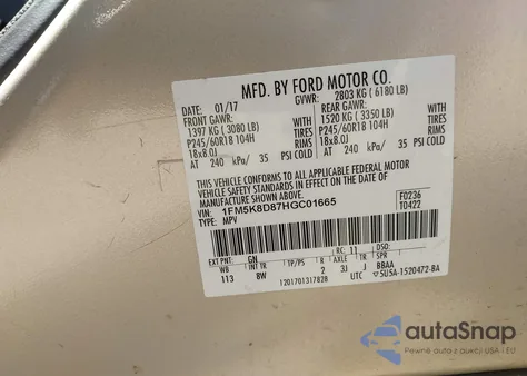 2017 Ford Explorer Xlt из США, поврежденный, VIN 1FM5K8D87HGC01665